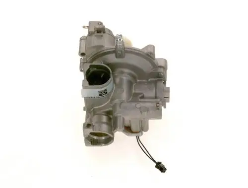 Gasarmatur von Bosch, aus Aluminium, mit verschiedenen Anschlussöffnungen und einem elektrischen Anschlusskabel, zur Regelung des Gasflusses in Anwendungen.